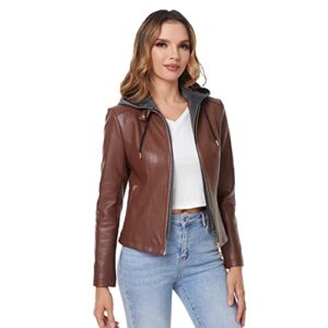 DIASHINY Faux Leather Jacket For Women Removable Hooded Moto Biker Coat Brown M