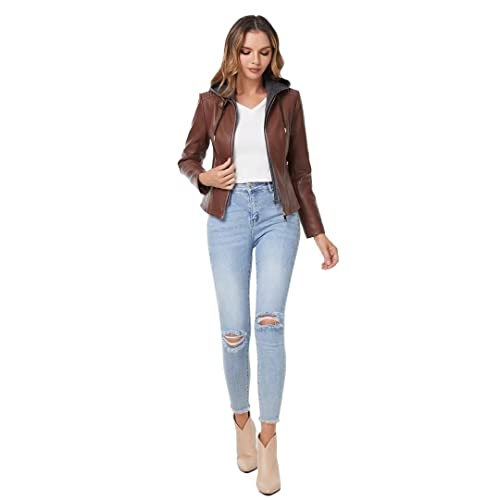 DIASHINY Faux Leather Jacket For Women Removable Hooded Moto Biker Coat Brown M