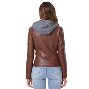 DIASHINY Faux Leather Jacket For Women Removable Hooded Moto Biker Coat Brown M