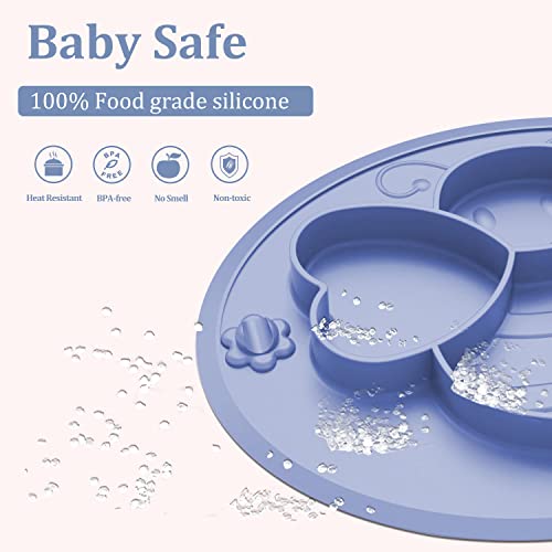 Toddler Plates with Suction - Silicone Cute Bee Baby Divided Plate - Self Feeding Kid Dish for Tables Highchairs Trays - Dishwasher and Microwave Safe (Dark Blue)