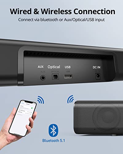 Sound Bar, SOUNDWINGS 26-Inch Soundbar for TV, 3D Surround Sound Audio System, Bluetooth 5.1/USB Connectivity, Button/Remote Control, for 4K & HD TV, 3 Equalizer Mode for Home Theater/Gaming/Projector