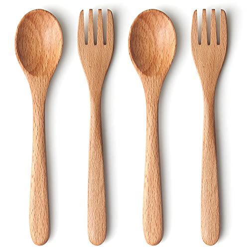 YFWOOD 4-Pieces Natural Wooden Children's Safe Flatware, 2 x Child Forks, 2 x Children Spoons, Kids Utensils Set Hand polishing Anti-slip Portable and ultra light