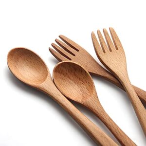 YFWOOD 4-Pieces Natural Wooden Children's Safe Flatware, 2 x Child Forks, 2 x Children Spoons, Kids Utensils Set Hand polishing Anti-slip Portable and ultra light