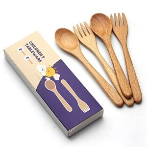 YFWOOD 4-Pieces Natural Wooden Children's Safe Flatware, 2 x Child Forks, 2 x Children Spoons, Kids Utensils Set Hand polishing Anti-slip Portable and ultra light