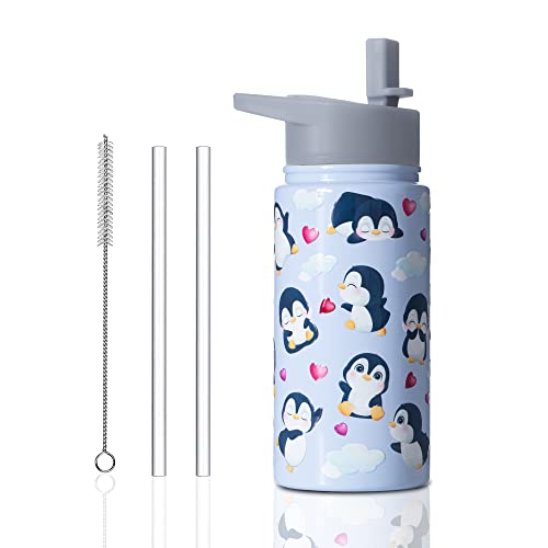 Boelia 15 oz Penguin Water Bottles Kids For School Insulated Cups Birthday Gifts For Girl Stainless Steel Water Bottles with Straw Christmas Gifts For Boys Daughter Son