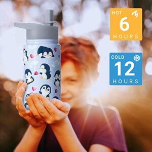 Boelia 15 oz Penguin Water Bottles Kids For School Insulated Cups Birthday Gifts For Girl Stainless Steel Water Bottles with Straw Christmas Gifts For Boys Daughter Son