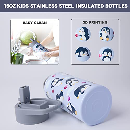 Boelia 15 oz Penguin Water Bottles Kids For School Insulated Cups Birthday Gifts For Girl Stainless Steel Water Bottles with Straw Christmas Gifts For Boys Daughter Son