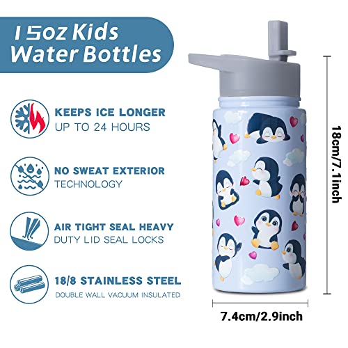 Boelia 15 oz Penguin Water Bottles Kids For School Insulated Cups Birthday Gifts For Girl Stainless Steel Water Bottles with Straw Christmas Gifts For Boys Daughter Son