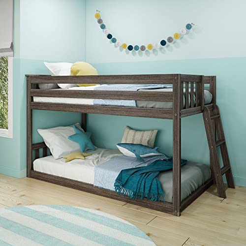 Max & Lily Low Bunk Bed, Twin-Over-Twin Bed Frame for Kids with Ladder on End, Clay