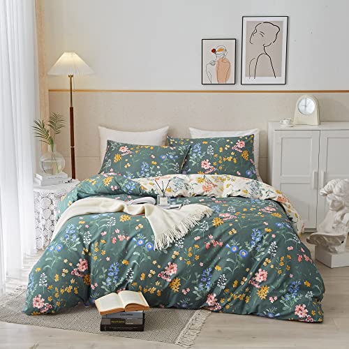 PinkMemory Green and White Duvet Cover Queen 100% Cotton, Garden Flower Pattern Bedding Duvet Cover Set Full Queen with Pillowcases Soft Durable Zipper-No Comforter Insert