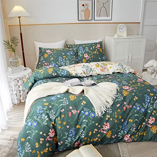 PinkMemory Green and White Duvet Cover Queen 100% Cotton, Garden Flower Pattern Bedding Duvet Cover Set Full Queen with Pillowcases Soft Durable Zipper-No Comforter Insert