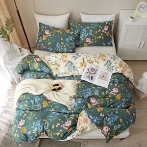 PinkMemory Green and White Duvet Cover Queen 100% Cotton, Garden Flower Pattern Bedding Duvet Cover Set Full Queen with Pillowcases Soft Durable Zipper-No Comforter Insert