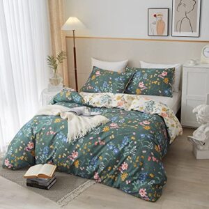 PinkMemory Green and White Duvet Cover Queen 100% Cotton, Garden Flower Pattern Bedding Duvet Cover Set Full Queen with Pillowcases Soft Durable Zipper-No Comforter Insert