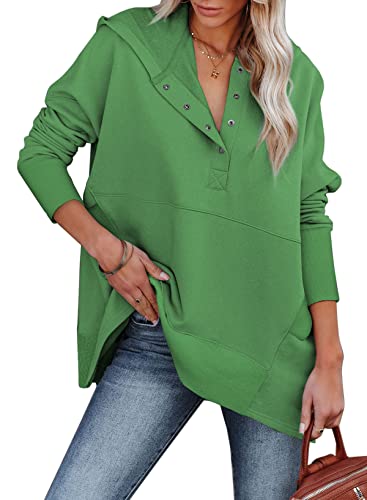 AlvaQ Women Casual Henley Hoodie Pullover Oversize V Neck Long Sleeve Button Down Sweatshirt with Pocket Plus Size Green, XX-Large