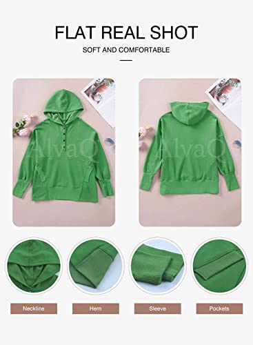 AlvaQ Women Casual Henley Hoodie Pullover Oversize V Neck Long Sleeve Button Down Sweatshirt with Pocket Plus Size Green, XX-Large