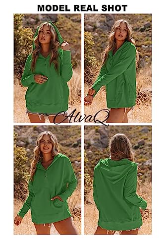 AlvaQ Women Casual Henley Hoodie Pullover Oversize V Neck Long Sleeve Button Down Sweatshirt with Pocket Plus Size Green, XX-Large