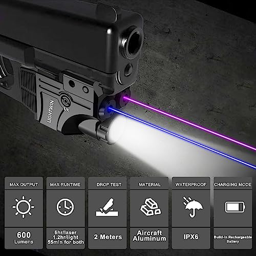 LIGHTWIN Blue Purple Laser Beams with 600 Lumens Flashlight for Pistols, 3 in1 Laser Light Combo, Tactical Laser Flashlight USB Rechargeable Laser Sight, Strobe & Steady Flashlight for Picatinny Rail