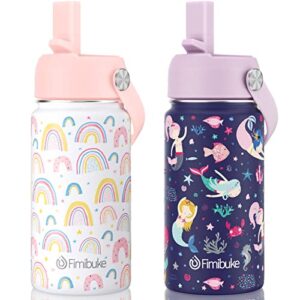 fimibuke kids insulated water bottle - 14oz bpa-free double wall vacuum tumbler 18/8 stainless steel leak proof kids cup with straw metal water bottle for school boy girl (2 pack, rainbow+mermaid)