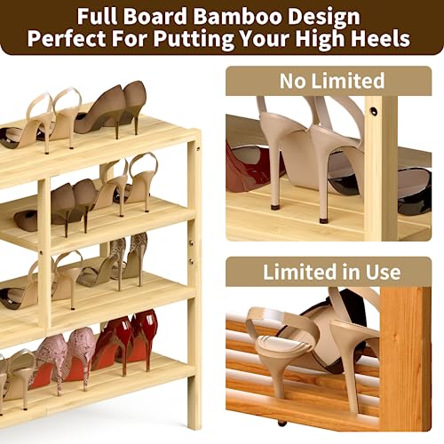 CozyBath Bamboo Shoe Rack, 4 Tiers Shoe Organizer for Closet, Sturdy Boots Shoes Storage for 20-24 Pairs, FreeStanding Shoe Shelf with Removable Pocket for Entryway Bedroom Front Door