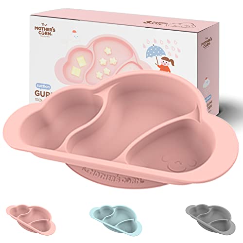 Mother's Corn Suction Plate for Baby | Divided Food-Grade 100% Silicone Feeding Bowls and Dishes for Kids, Infants & Toddlers - BPA-Free, Microwave, Dishwasher & Oven Safe | Cloud Design | Pink