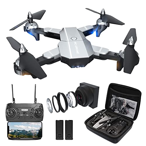 Drone with 4K Camera for Adults,Foldable RC Quadcopter, Helicopter Toys, Video Drone for Beginners, Dual Camera Drone, 2 Batteries and Carrying Case,One Key Start, Altitude Hold,Headless Mode,3D Flips Silver