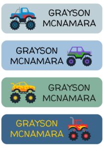 128 monster truck custom kid name label for daycare, waterproof dishwasher safe, personalized name sticker for camp, school supply, baby bottle, lunch boxes, water bottle, cups (pattern2)