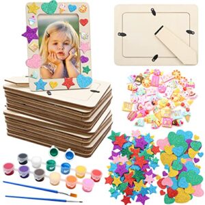 zocone 12 pcs wooden picture frames for craft, 7.5"x5.5" unfinished wood photo frames with stand, diy wood frame with stickers, resin accessories, painting tools, mothers day crafts for kids to make