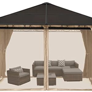 COOSHADE 10×12 Polycarbonate Roof Patio Gazebos Waterproof Outdoor Gazebo with Curtains and Mosquito Netting (Khaki)