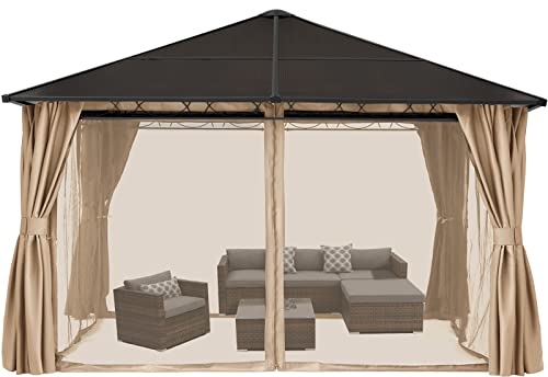 COOSHADE 10×12 Polycarbonate Roof Patio Gazebos Waterproof Outdoor Gazebo with Curtains and Mosquito Netting (Khaki)