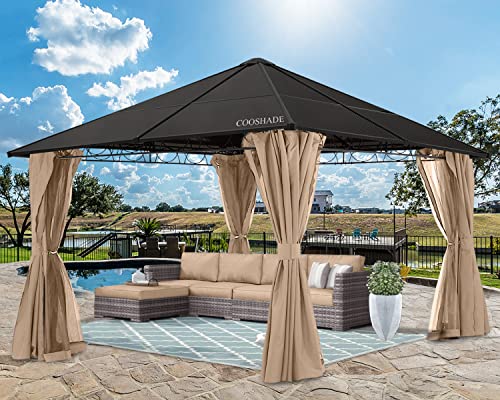 COOSHADE 10×12 Polycarbonate Roof Patio Gazebos Waterproof Outdoor Gazebo with Curtains and Mosquito Netting (Khaki)