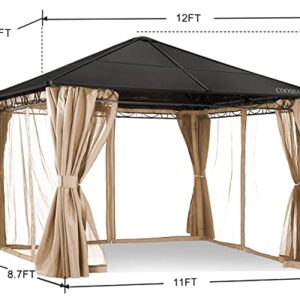 COOSHADE 10×12 Polycarbonate Roof Patio Gazebos Waterproof Outdoor Gazebo with Curtains and Mosquito Netting (Khaki)