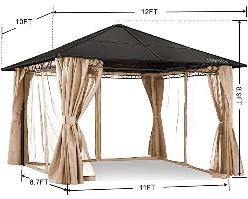 COOSHADE 10×12 Polycarbonate Roof Patio Gazebos Waterproof Outdoor Gazebo with Curtains and Mosquito Netting (Khaki)