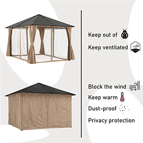 COOSHADE 10×12 Polycarbonate Roof Patio Gazebos Waterproof Outdoor Gazebo with Curtains and Mosquito Netting (Khaki)