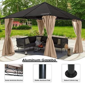 COOSHADE 10×12 Polycarbonate Roof Patio Gazebos Waterproof Outdoor Gazebo with Curtains and Mosquito Netting (Khaki)