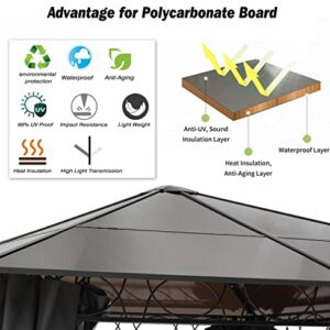 COOSHADE 10×12 Polycarbonate Roof Patio Gazebos Waterproof Outdoor Gazebo with Curtains and Mosquito Netting (Khaki)