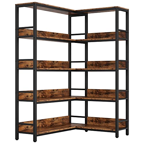 IRONCK Industrial Bookshelves 5 Tiers Corner Bookcases with Baffles Etagere Shelf Storage Rack with Metal Frame for Living Room Home Office