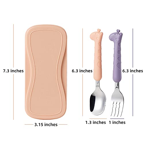FUNNUO 2 Cartoon Toddler Utensil Sets, Kid Spoon and Fork Set, Stainless Steel Toddler Safe Silverware Set for Children Self-Feeding with Travel Carrying Case BPA Free
