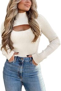 prettygarden women's 2023 fashion fall clothes 2 piece cutout tops long sleeve mock neck rib knit winter pullover sweater (beige white,small)