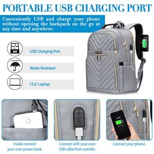 Laptop Backpack for Women, School Backpack for Teens, 15.6 Inch Fashion Women Work Backpack Purse, Waterproof Bookbag for Girls Teacher Travel Bags with USB Charging Port, Grey(over 3 years old)