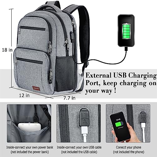 Backpack for Men and Women, School Backpacks for Teen Boys Water Resistant TSA Travel Backpack with USB Charging Port, Business Anti Theft Durable Computer Bag Gifts Fits 15.6 Inch Laptop, Grey