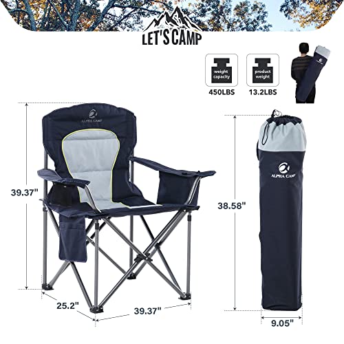 LET'S CAMP Oversized Folding Camping Chair Portable Outdoor Heavy Duty Padded Chairs Lawn Chair with Cup Holder, Storage Pocket and Cooler Bag, Supports 450LBS, for Camp, Travel, Picnic (Blue)
