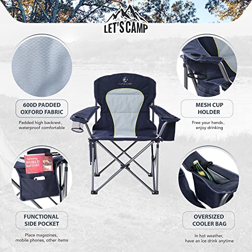 LET'S CAMP Oversized Folding Camping Chair Portable Outdoor Heavy Duty Padded Chairs Lawn Chair with Cup Holder, Storage Pocket and Cooler Bag, Supports 450LBS, for Camp, Travel, Picnic (Blue)