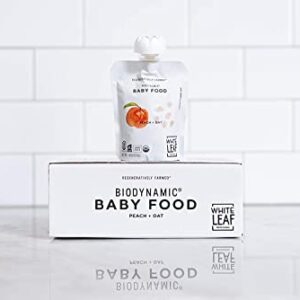 White Leaf Provisions Biodynamic Organic Baby Food – 12 x 3.17 Oz Peach + Oat Unsweetened Baby Puree Pouches - Squeezable Baby Food & Toddler Snack