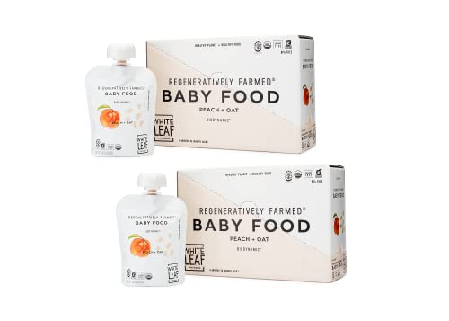 White Leaf Provisions Biodynamic Organic Baby Food – 12 x 3.17 Oz Peach + Oat Unsweetened Baby Puree Pouches - Squeezable Baby Food & Toddler Snack