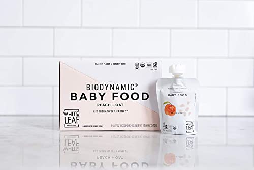 White Leaf Provisions Biodynamic Organic Baby Food – 12 x 3.17 Oz Peach + Oat Unsweetened Baby Puree Pouches - Squeezable Baby Food & Toddler Snack