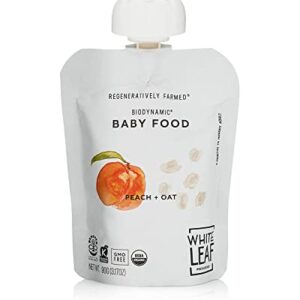 White Leaf Provisions Biodynamic Organic Baby Food – 12 x 3.17 Oz Peach + Oat Unsweetened Baby Puree Pouches - Squeezable Baby Food & Toddler Snack