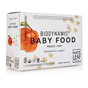 White Leaf Provisions Biodynamic Organic Baby Food – 12 x 3.17 Oz Peach + Oat Unsweetened Baby Puree Pouches - Squeezable Baby Food & Toddler Snack