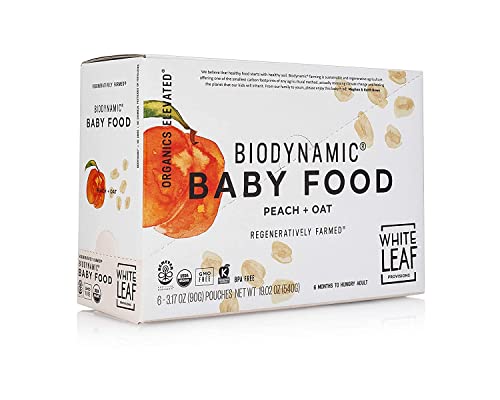 White Leaf Provisions Biodynamic Organic Baby Food – 12 x 3.17 Oz Peach + Oat Unsweetened Baby Puree Pouches - Squeezable Baby Food & Toddler Snack