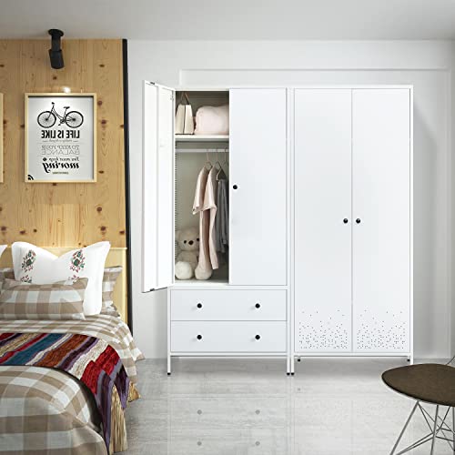 CJF Metal Storage Wardrobe with Hanging Rod, Armoire with 2 Doors and 2 Drawers，Steel Wardrobe Closet for Home, Office 74" H x 31.5" W x 20" D (White)