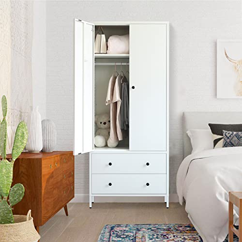 CJF Metal Storage Wardrobe with Hanging Rod, Armoire with 2 Doors and 2 Drawers，Steel Wardrobe Closet for Home, Office 74" H x 31.5" W x 20" D (White)